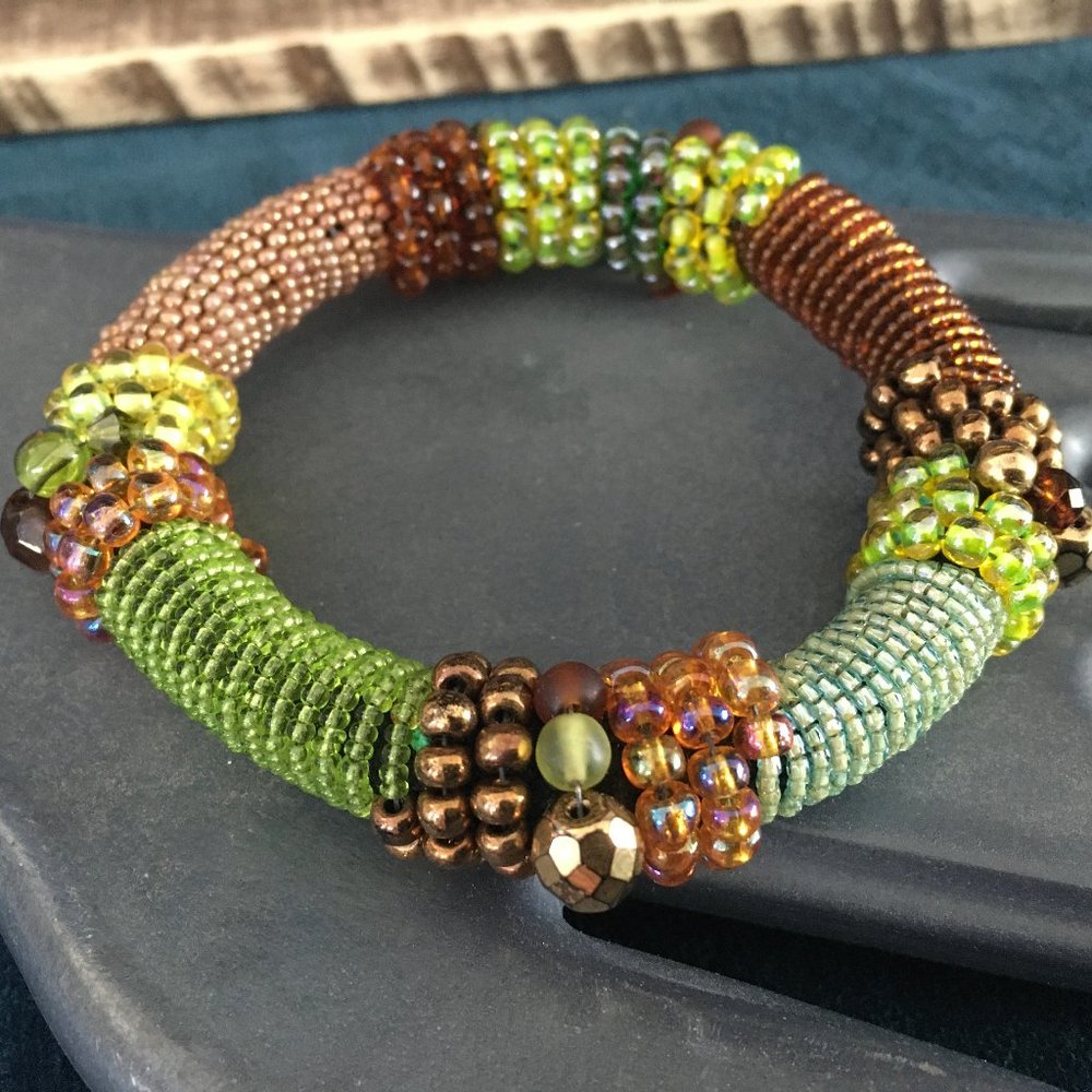 Green & Brown Beaded Artisan Made Bangle